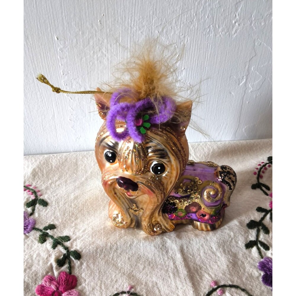 Robert Stanley Yorkie Dog Christmas Ornament 4 Inch Blown Glass Feathers Glitter